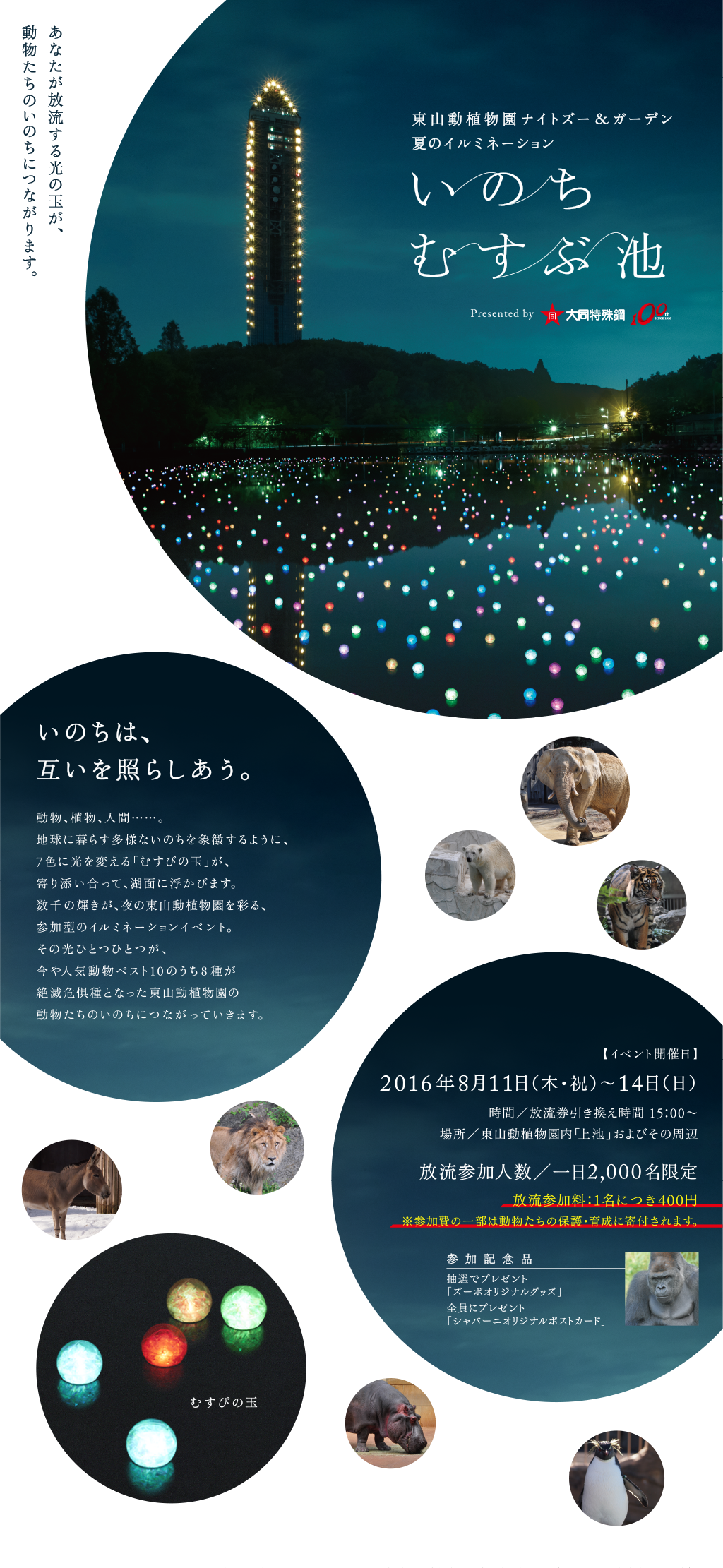 あなたが放流する光の玉が、動物たちのいのちにつながる。数千の輝きが彩る、参加型のイルミネーションイベント。東山動植物園ナイトズー＆ガーデン、夏のイルミネーション「いのちむすぶ池」